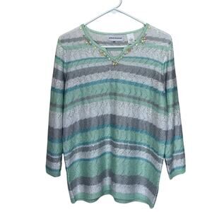Alfred Dunner | Green Blue White Striped Knit Sequin Top Small Beaded